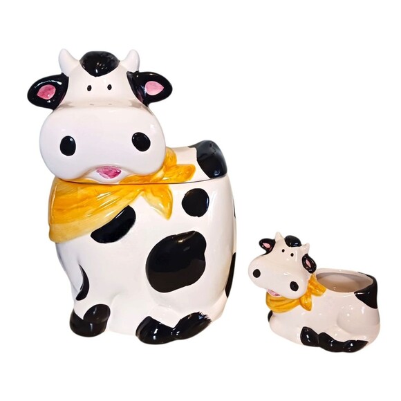 VTG Ceramic COW Novelty Cookie Jar Canister & Baby Cow Planter Set Farmhouse - Picture 1 of 8